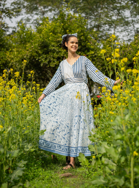 Baga Long Skirt Hand Block Print: Blue