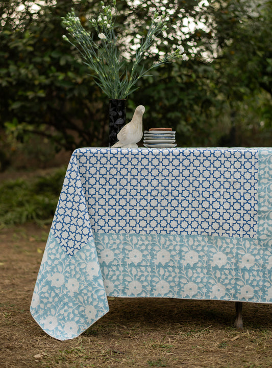 Table Cloth Akbar Blue : Block Printed Textured