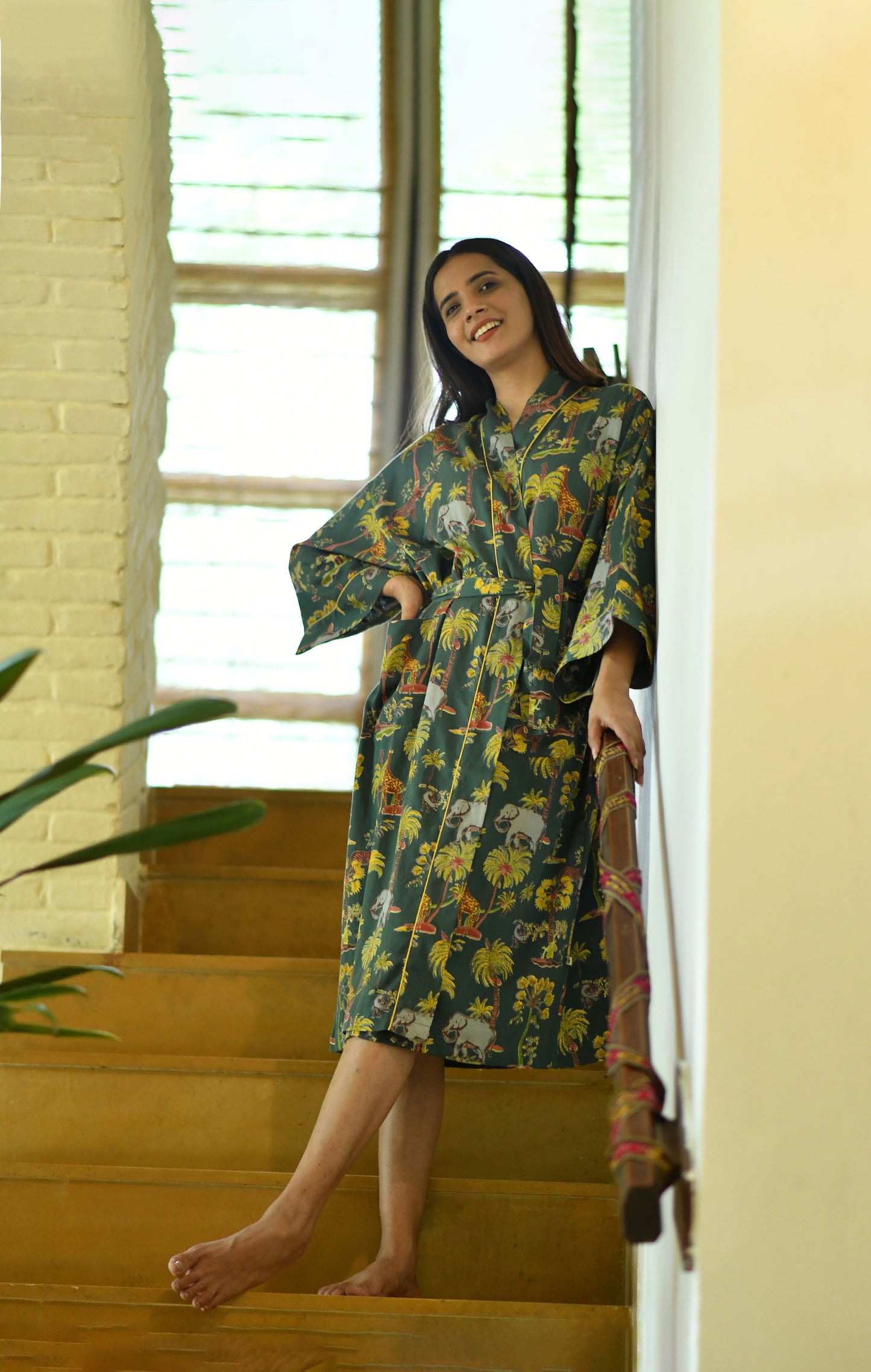 Cotton Satin Kimono : Safari Topiary Green