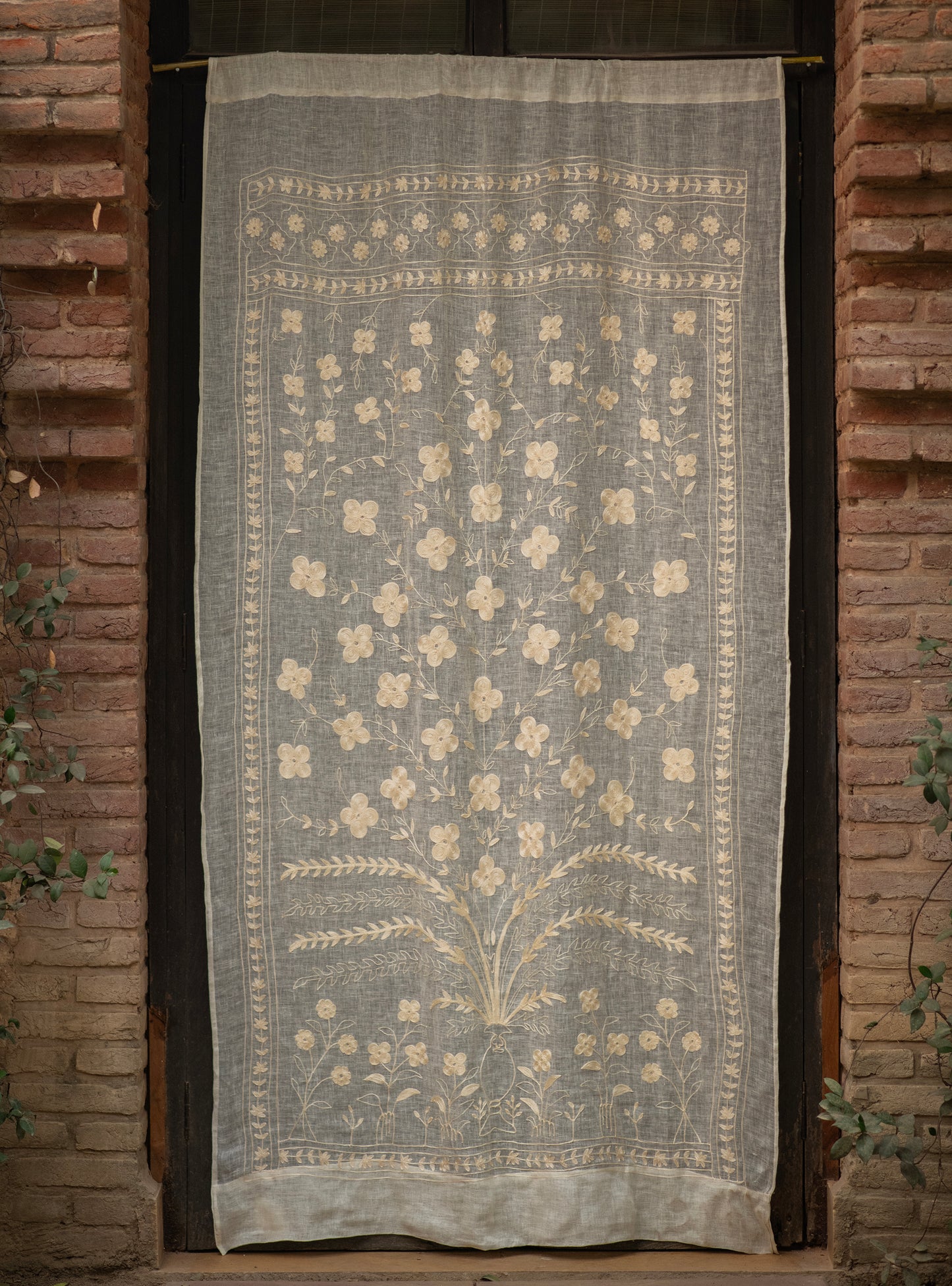 Aari Emb Curtain Bageecha : Linen Cream