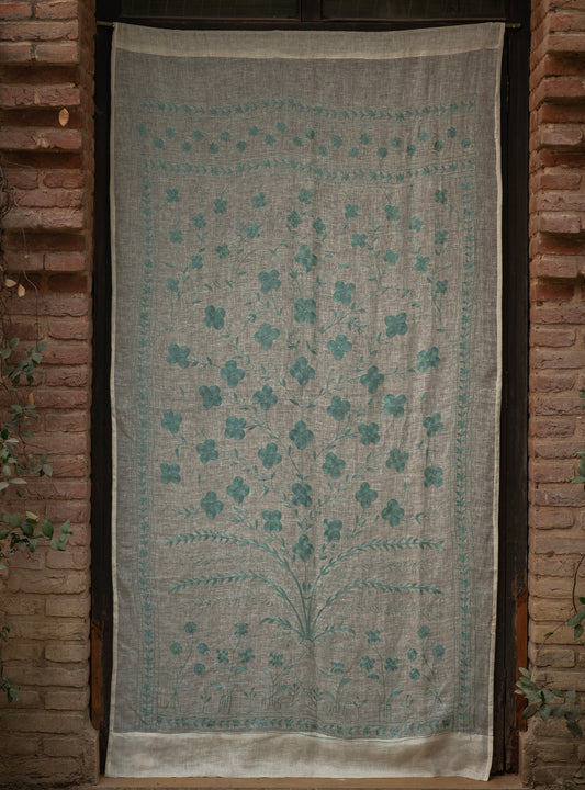 Aari Emb Curtain Bageecha : Linen Sage