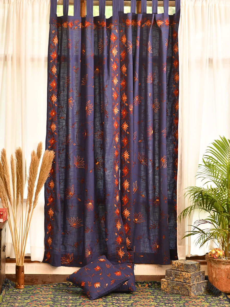 Embroidered Curtain : Floral Border Blue