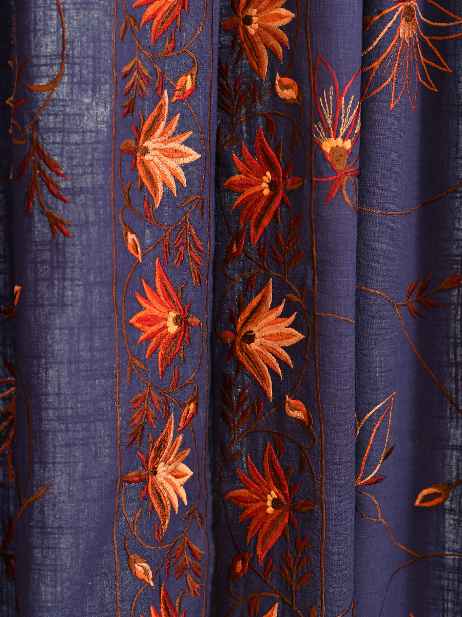 Embroidered Curtain : Floral Border Blue