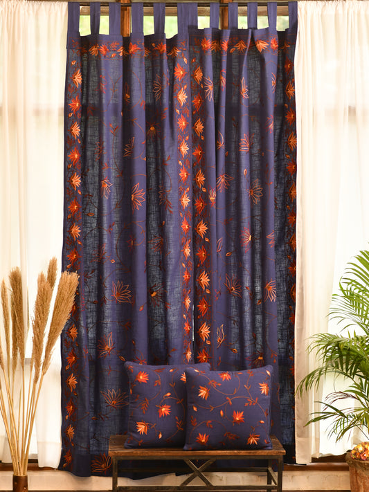 Embroidered Curtain : Floral Border Blue