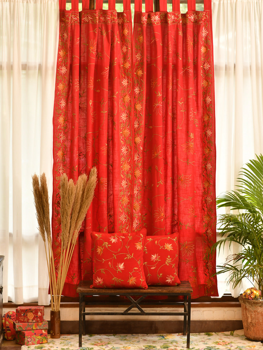 Embroidered Curtain : Floral Border Red