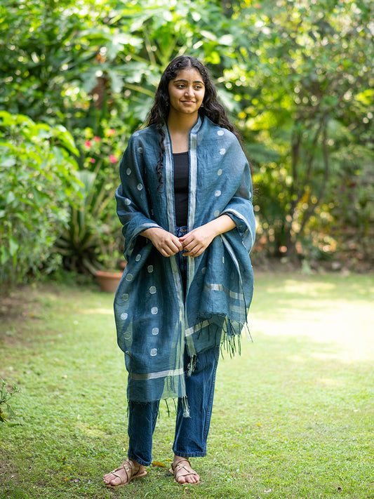 Linen Zari Dupatta : Silver & Navy