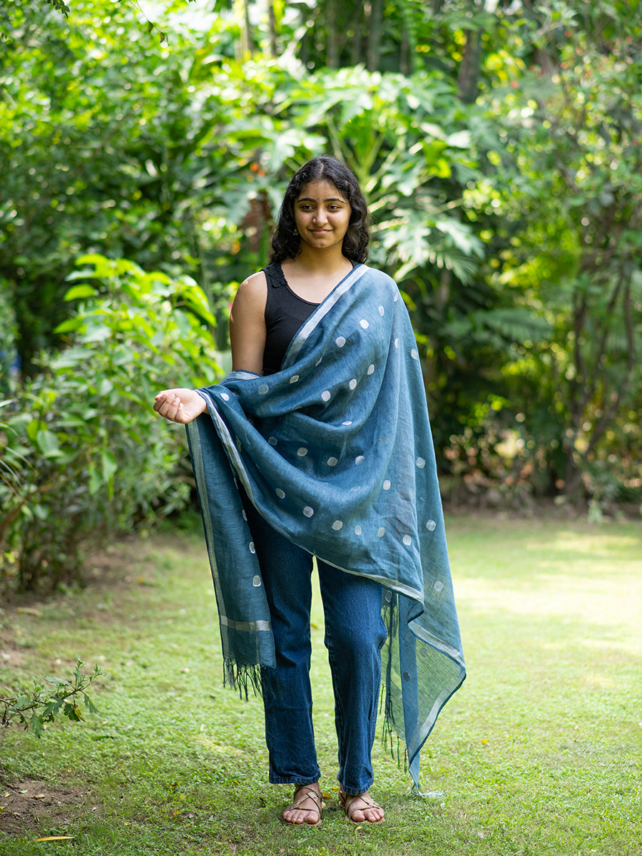 Linen Zari Dupatta : Silver & Navy