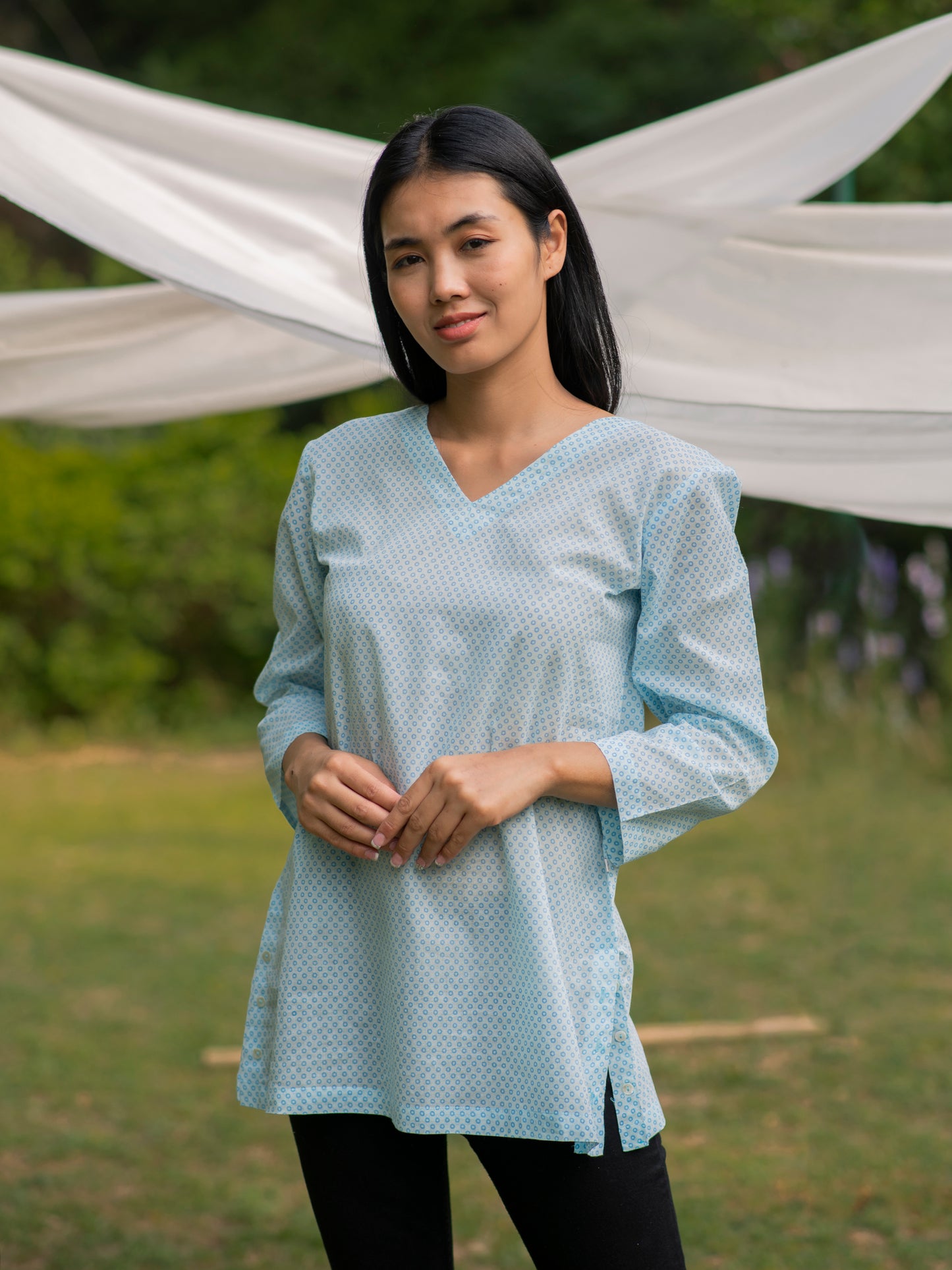 V Neck Tunic : Polka Dot Blue