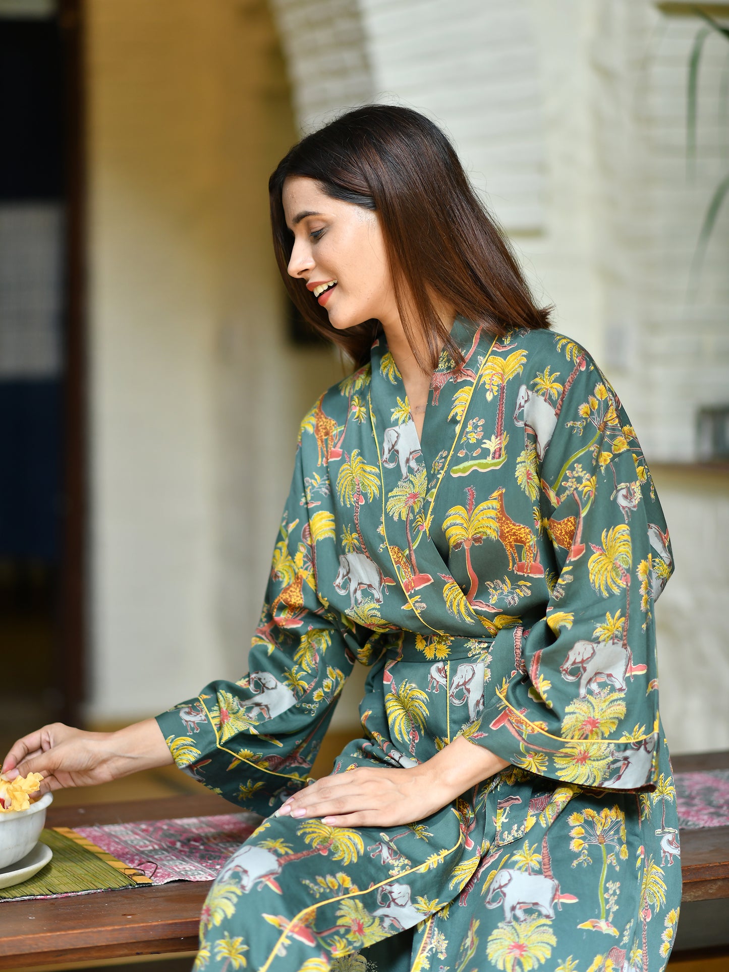 Cotton Satin Kimono : Safari Topiary Green