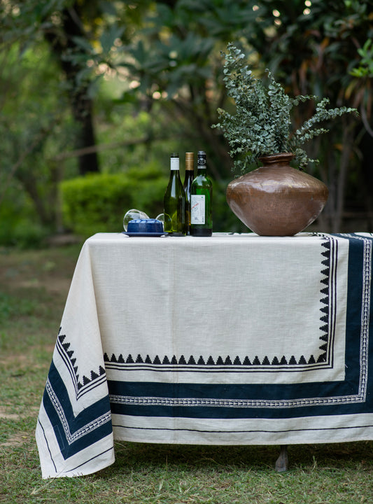 Block Printed Textured Table Cloth : Tanjore Black