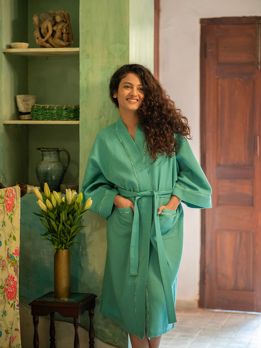 Embroidered Bath Robe : Solid Firozi