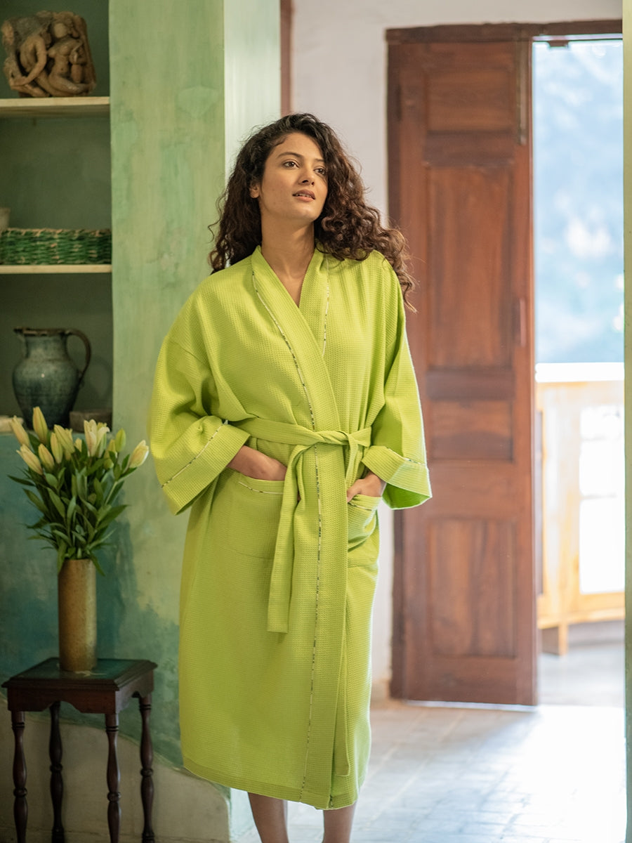 Embroidered Bath Robe : Solid Lime