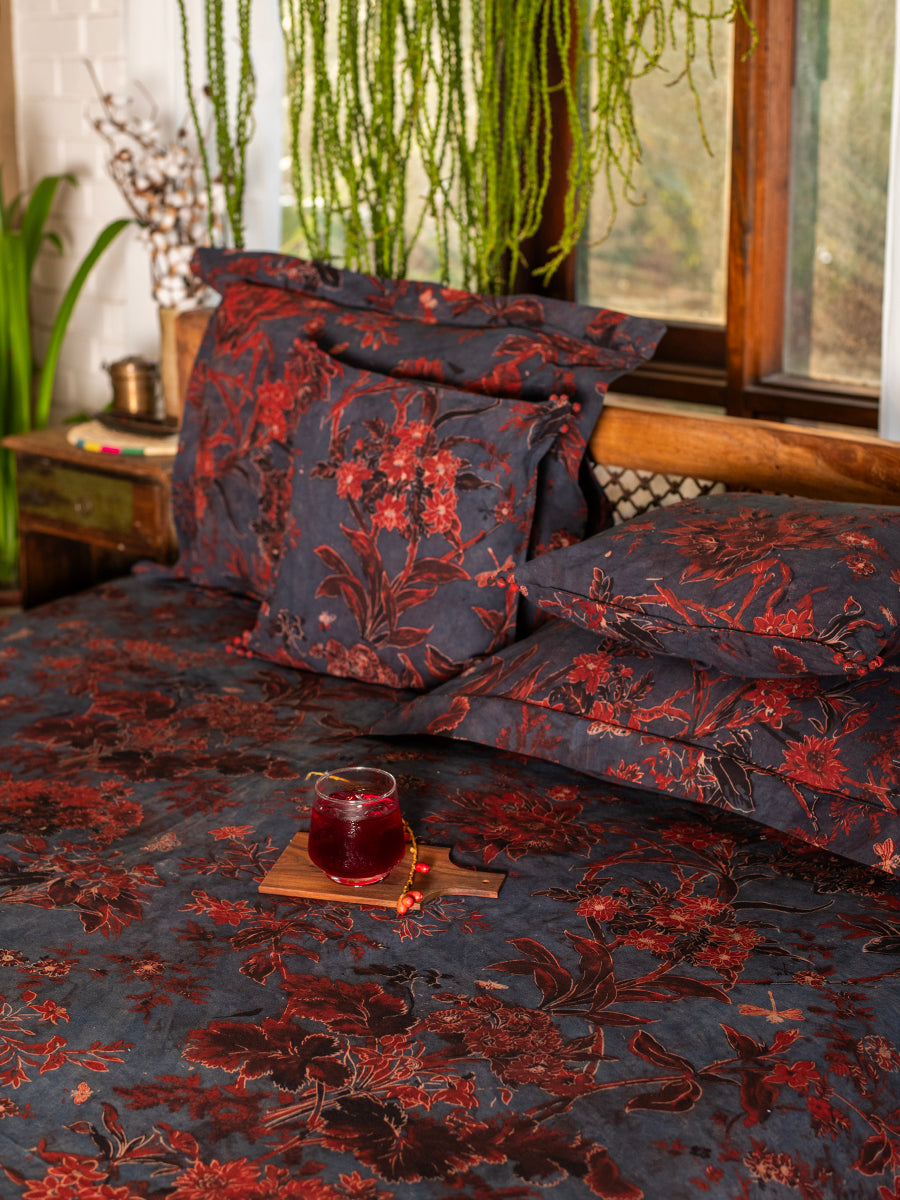 Ajrakh Printed Bed Cover : Corsica Indigo