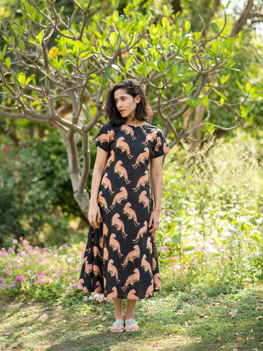 Chanderi Silk Martina Dress : Leopard Black