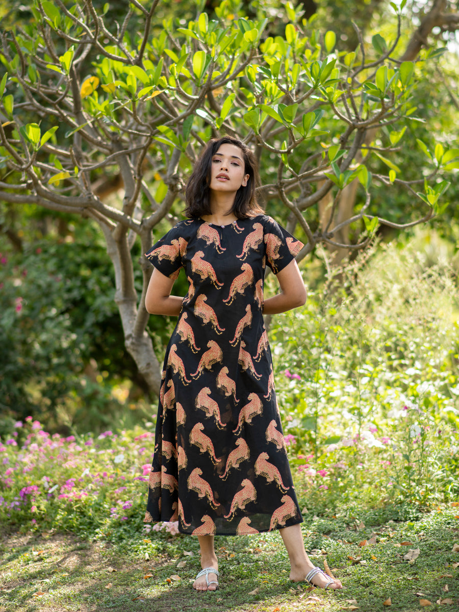 Chanderi Silk Martina Dress : Leopard Black