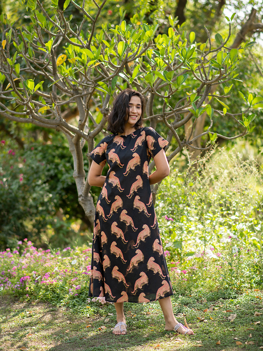 Chanderi Silk Martina Dress : Leopard Black