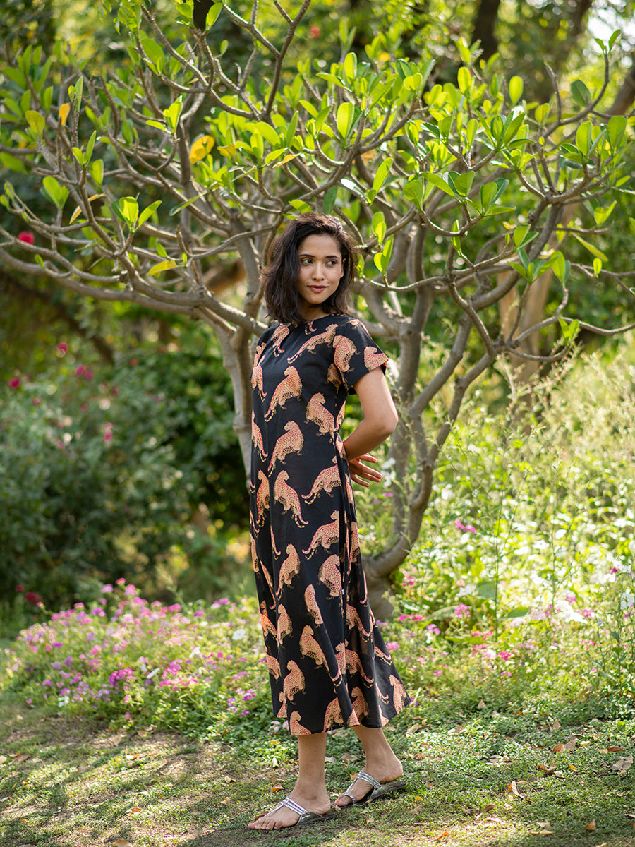 Chanderi Silk Martina Dress : Leopard Black