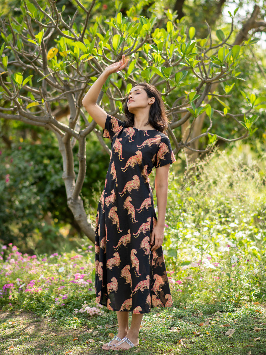 Chanderi Silk Martina Dress : Leopard Black